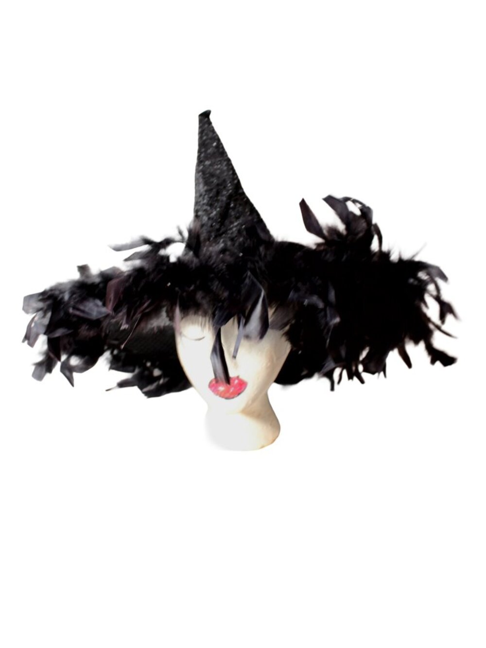 Black Sequin Witch Hat with Feather Boa Brim OSFM